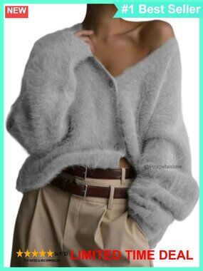 Fuzzy Knit V-Neck Button Down Cardigan Long Sleeve Fluffy Sweater Coat